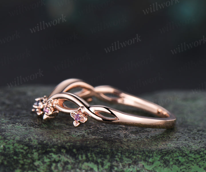 Floral Alexandrite amethyst wedding band five stone infinity stacking ring women 14k rose gold gift