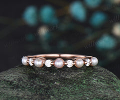 Dainty pearl moissanite wedding band solid 14k rose gold stacking bridal ring women