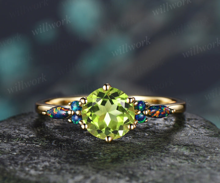 Round Cut Peridot Engagement Ring Set Black Opal Accent Unique Seven Stone Promise Ring Curved Matching Band Bridal Set