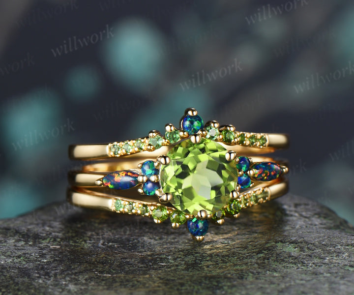 Round Cut Peridot Engagement Ring Set Black Opal Accent Unique Seven Stone Promise Ring Curved Matching Band Bridal Set