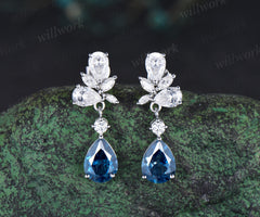 Pear cut London blue topaz earrings solid 14k white gold cluster moissanite opal drop earrings women anniversary gift for her