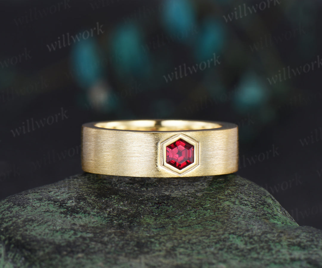 Mens Hexagon Cut Red Ruby Band 14K Solid Gold Men Solitaire Engagement Ring Brushed Finished Band Womens Ruby Wedding Band Unique Promise Ring