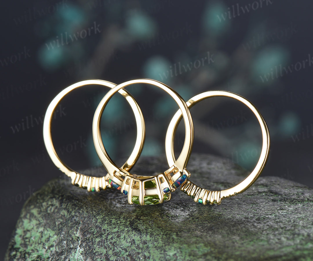 Round Cut Peridot Engagement Ring Set Black Opal Accent Unique Seven Stone Promise Ring Curved Matching Band Bridal Set