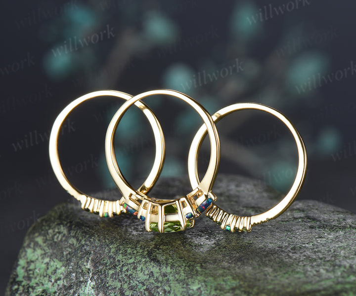 Round Cut Peridot Engagement Ring Set Black Opal Accent Unique Seven Stone Promise Ring Curved Matching Band Bridal Set