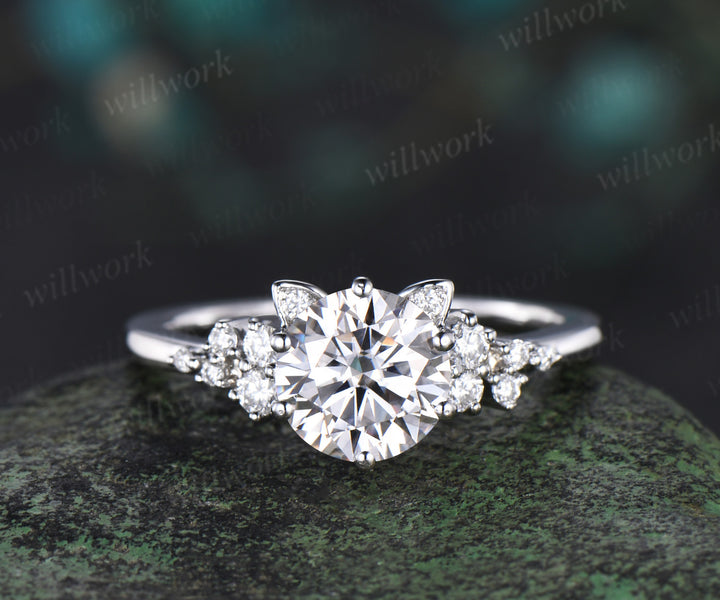 Round cut Moissanite Ring white gold Unique Cat engagement ring women Cluster Snowdrift diamond Ring Anniversary Gift For Cat Lover