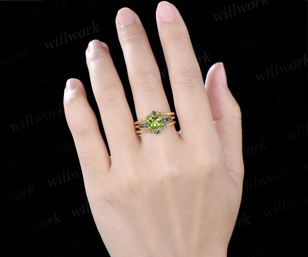 Round Cut Peridot Engagement Ring Set Black Opal Accent Unique Seven Stone Promise Ring Curved Matching Band Bridal Set