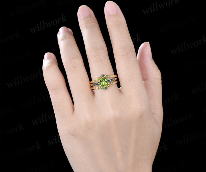 Round Cut Peridot Engagement Ring Set Black Opal Accent Unique Seven Stone Promise Ring Curved Matching Band Bridal Set
