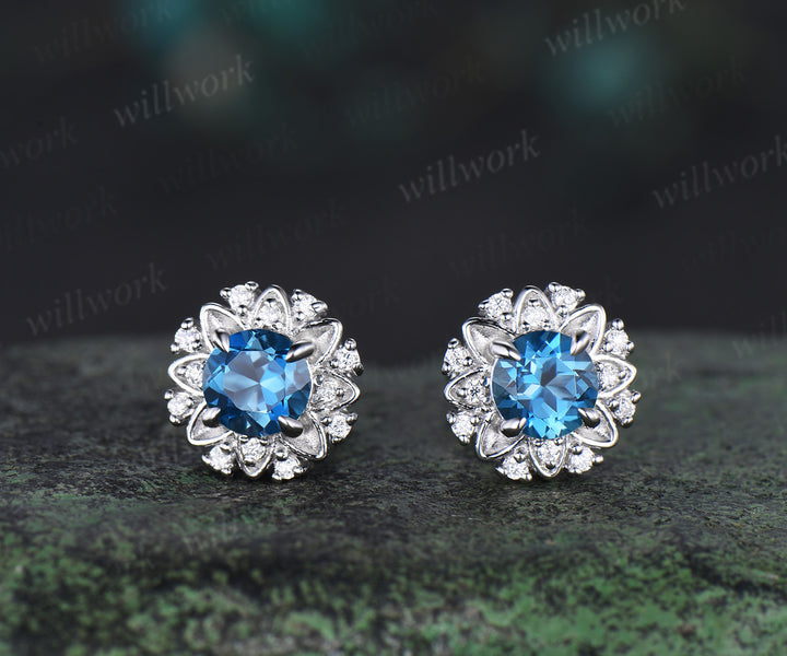 Unique Round Cut London Blue Topaz Stud Earrings Art Deco 14k white Gold diamond Halo Earrings December Birthstone Earrings