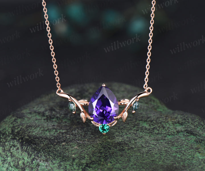 Pear shaped purple sapphire necklace solid 14k rose gold four stone moss agate emerald nature inspired leaf necklace anniversary gift women