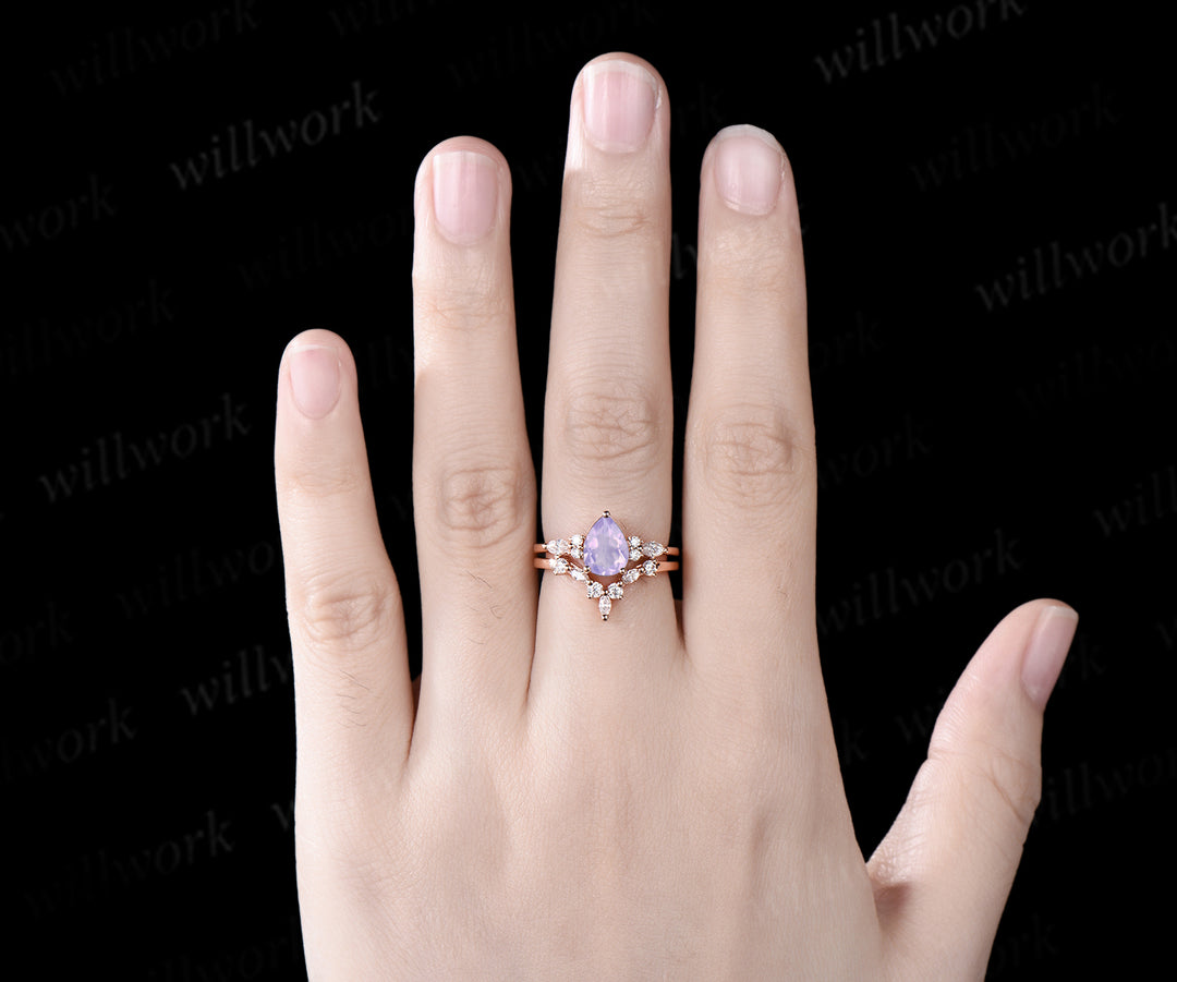 Vintage Pear cut 1ct Lavender Amethyst engagement ring set 14k rose gold marquise cut diamond ring for women unique bridal wedding ring set