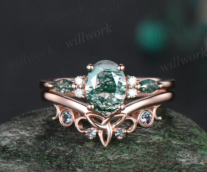 Oval cut green moss agate ring vintage moss agate engagement ring set rose gold marquise cut wedding ring cluster alexandrite ring for women