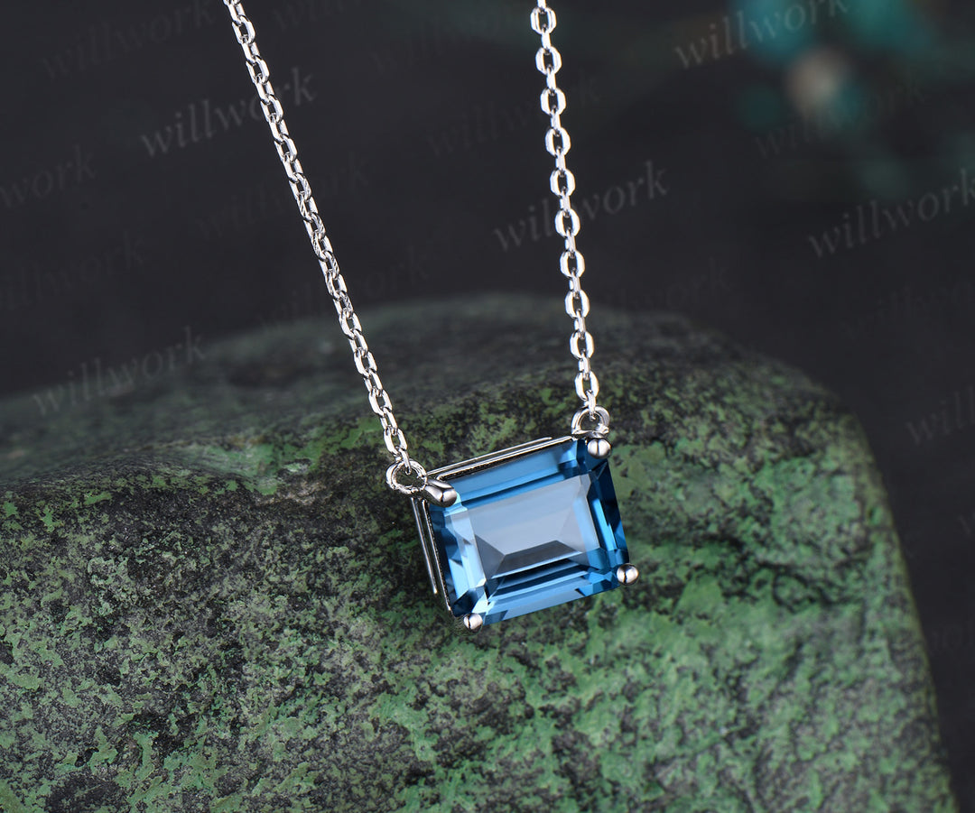 Emerald Cut London Blue Topaz Necklace 14k 18k white gold Solitaire East To West Necklace Women