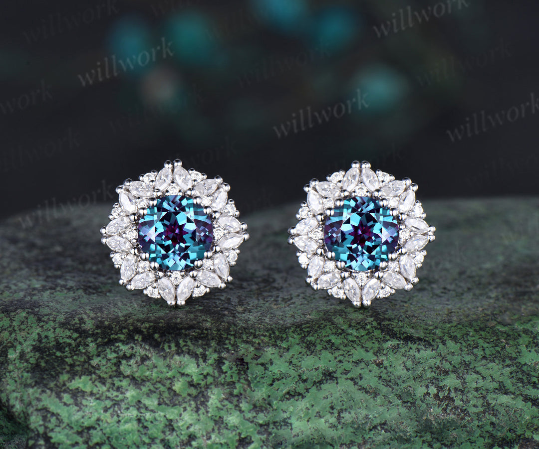 Vintage round cut Alexandrite Earrings women solid 14k white gold 8 prong double halo marquise moissanite Stud Earrings Anniversary Gift