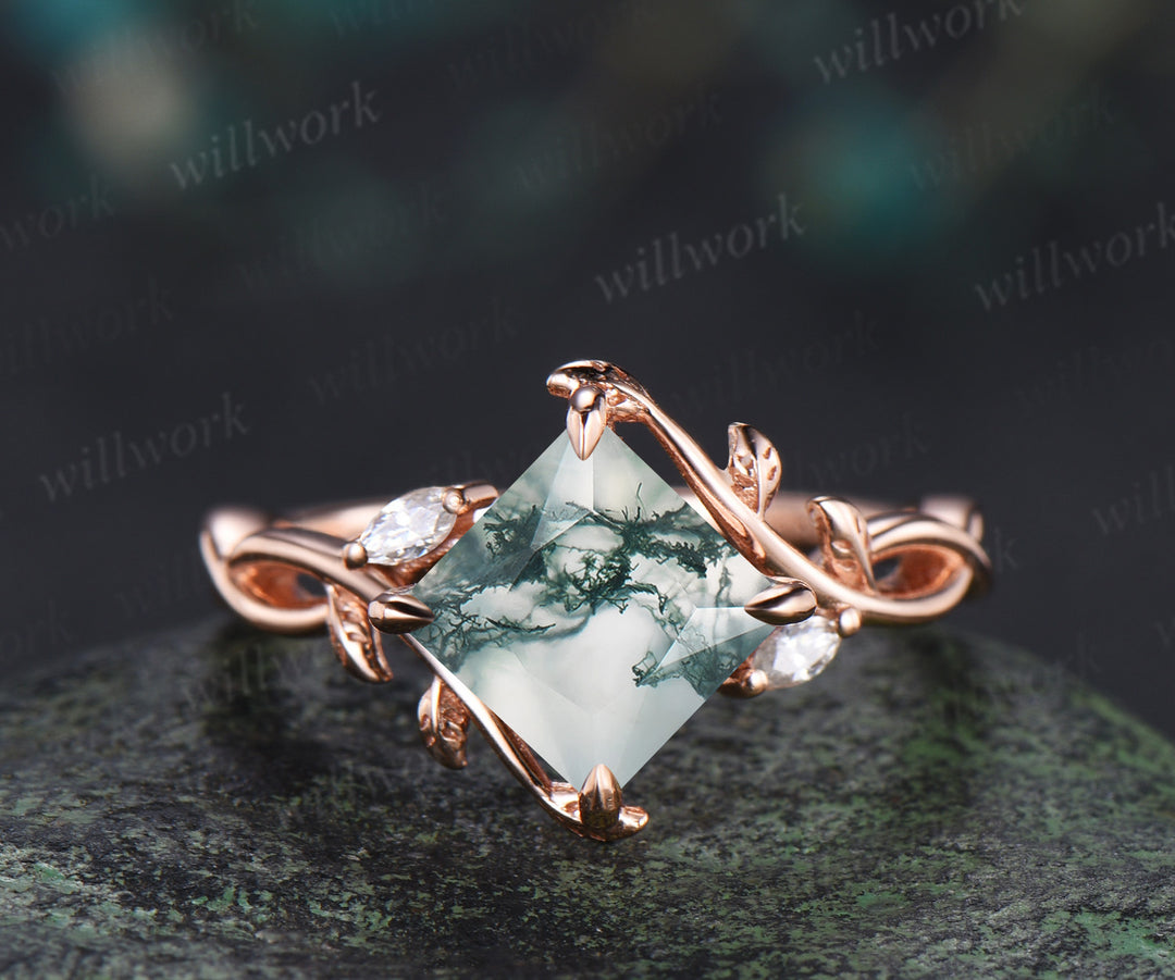 Kite/Coffin/Heart/Princess/Hexagon Cut Nature Inspired Twig Natural Green Moss Agate Engagement Ring Twisted Infinity Promise Ring Anniversary gift
