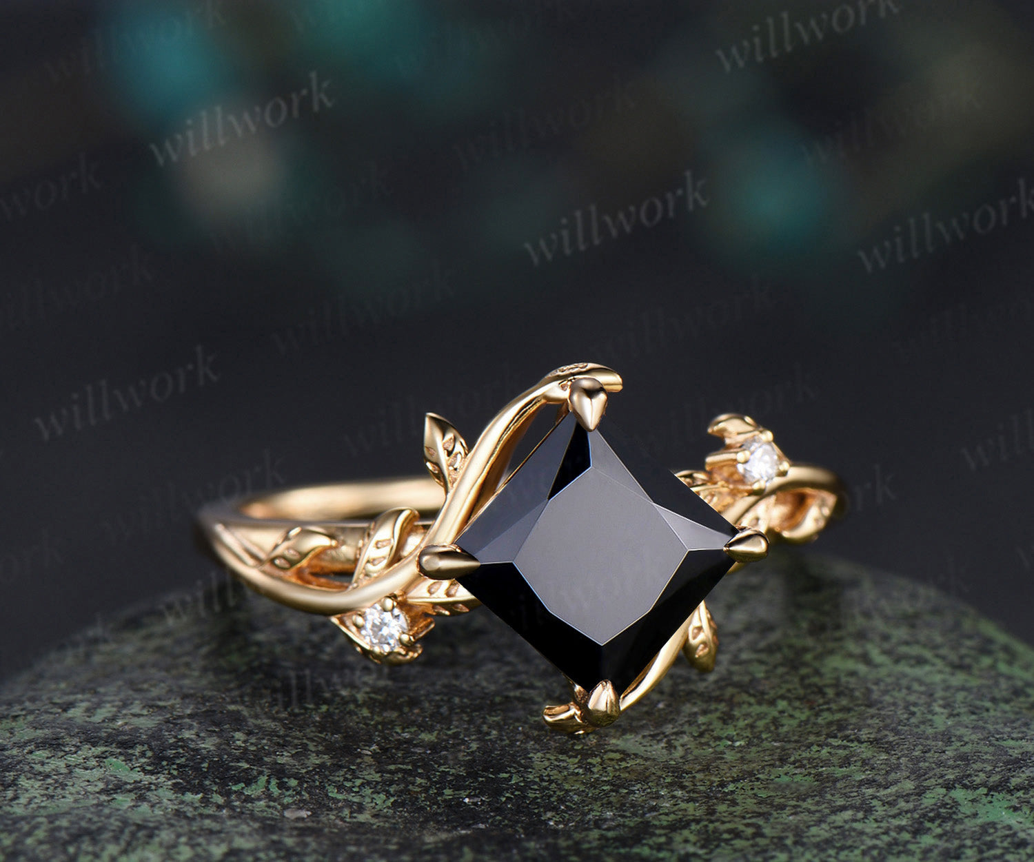 Princess cut black onyx engagement ring antique square black