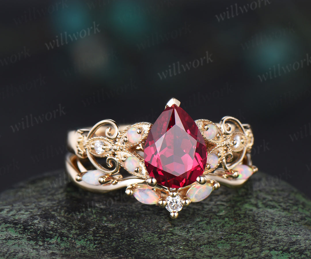 Vintage pear cut red ruby engagement ring set yellow gold butterfly Milgrain opal ring women stacking anniversary ring set gift