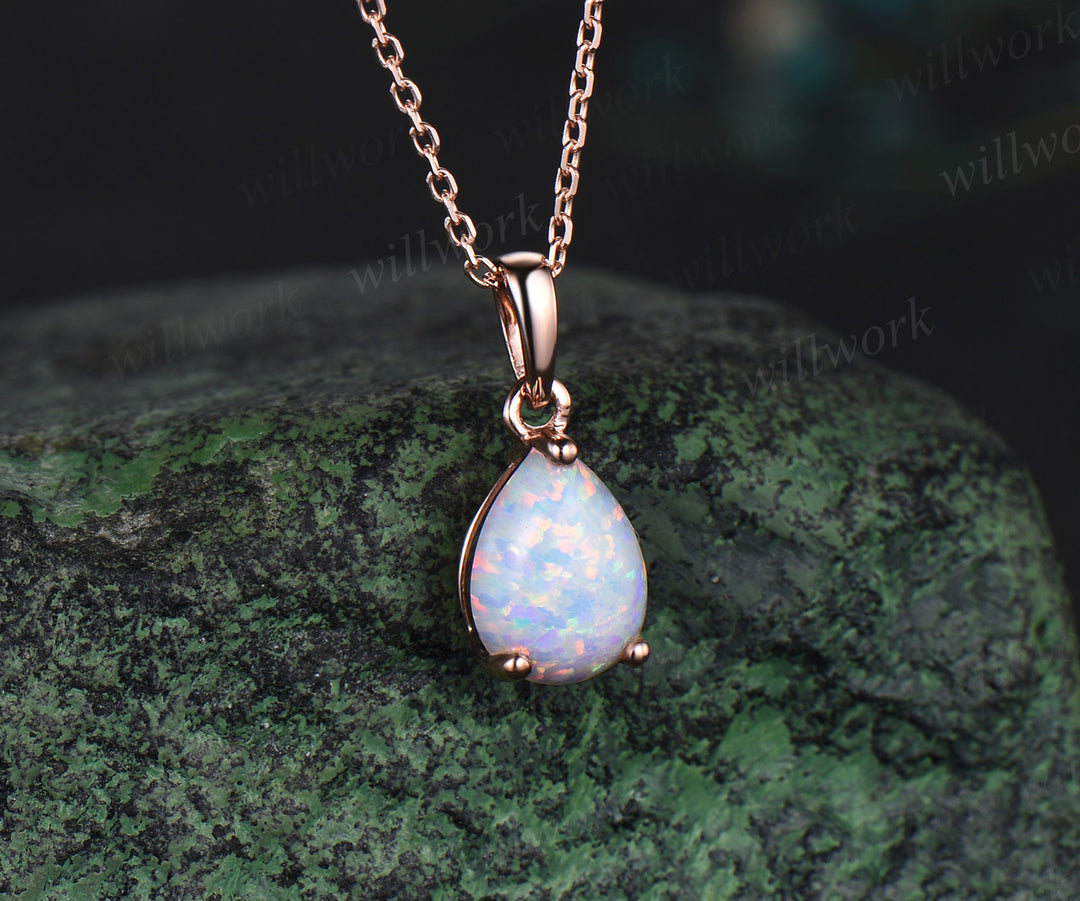 Pear shaped white opal necklace solid 14k rose gold Solitaire Teardrop opal pendant women anniversary gift