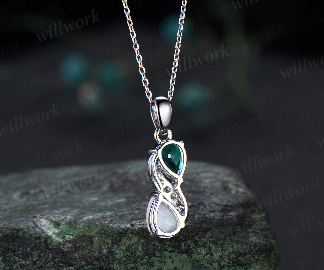 Unique Opal Emerald Pendant Necklace Women Alternative Moissanite fire opal necklace Vintage Snake Promise Gift pear shaped pendant for mom