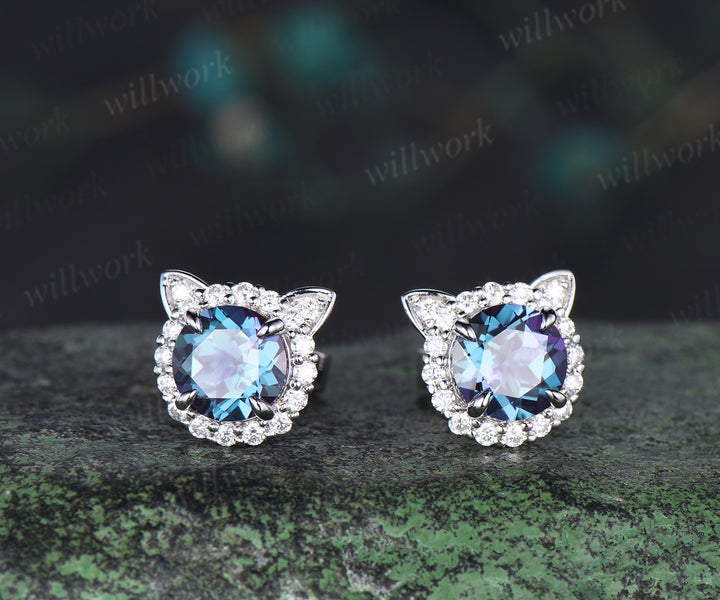 1ct Round cut Alexandrite Halo diamond Earrings white gold June Birthstone Cute Cat Stud Earrings Birthday Gifts Women