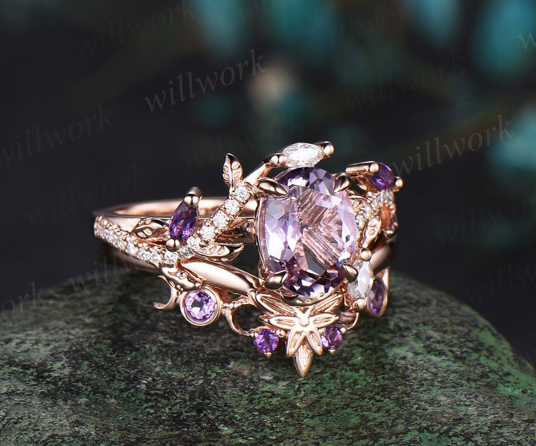 Unique Oval Cut Lavender Amethyst Engagement Ring Set February Birthstone Moon Leaf Nature Inspired Ring Art Deco 2pcs Bridal Ring Set Women