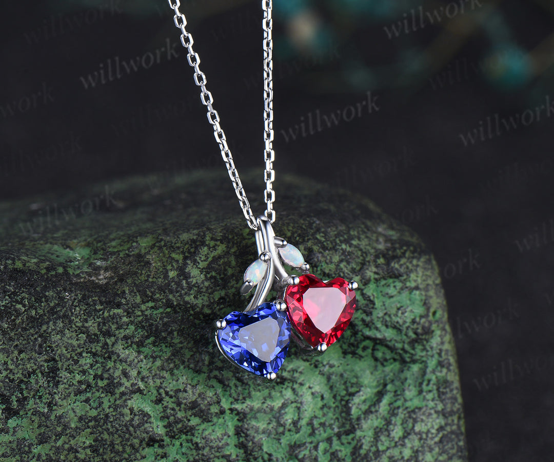 Double heart shaped sapphire ruby Necklace 14k white gold four stone Pendant Birthstone Gift