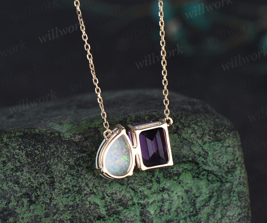 Emerald cut amethyst and pear opal necklace solid 14k rose gold unique two stone pendant women anniversary gift mother