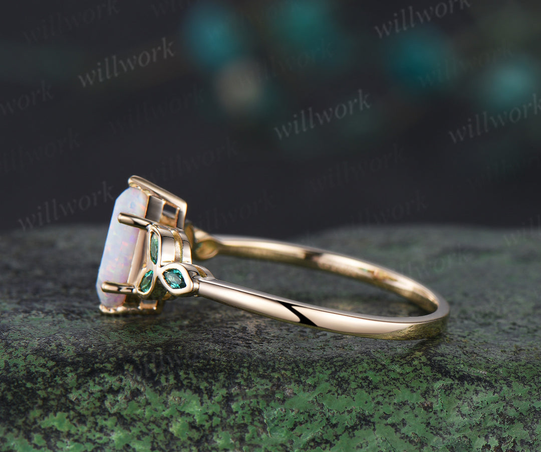 Long hexagon cut white opal ring vintage 14k yellow gold marquise leaf bezel emerald ring antique unique engagement ring women gift