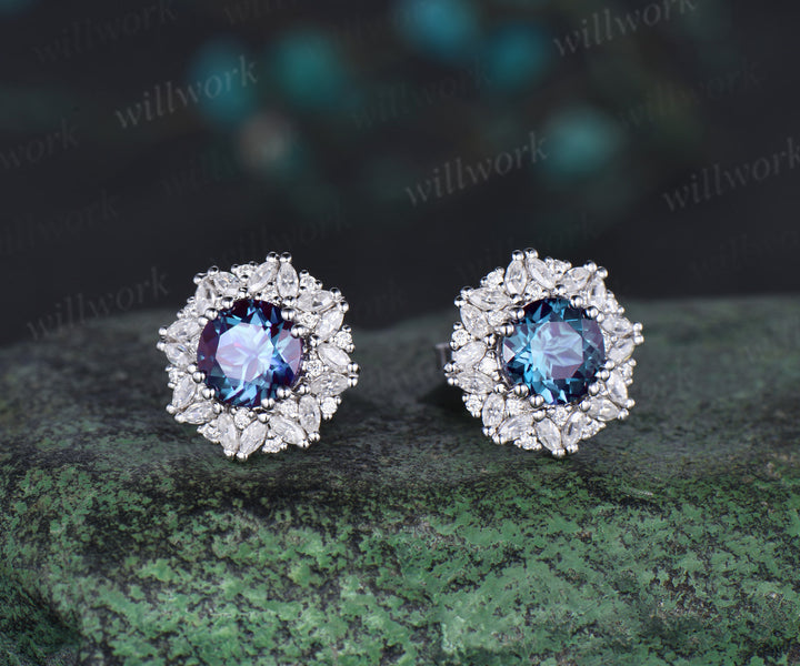 Vintage round cut Alexandrite Earrings women solid 14k white gold 8 prong double halo marquise moissanite Stud Earrings Anniversary Gift