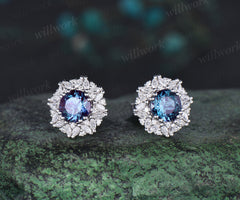 Vintage round cut Alexandrite Earrings women solid 14k white gold 8 prong double halo marquise moissanite Stud Earrings Anniversary Gift