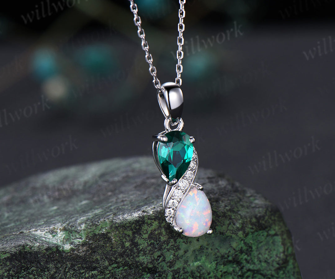 Unique Opal Emerald Pendant Necklace Women Alternative Moissanite fire opal necklace Vintage Snake Promise Gift pear shaped pendant for mom