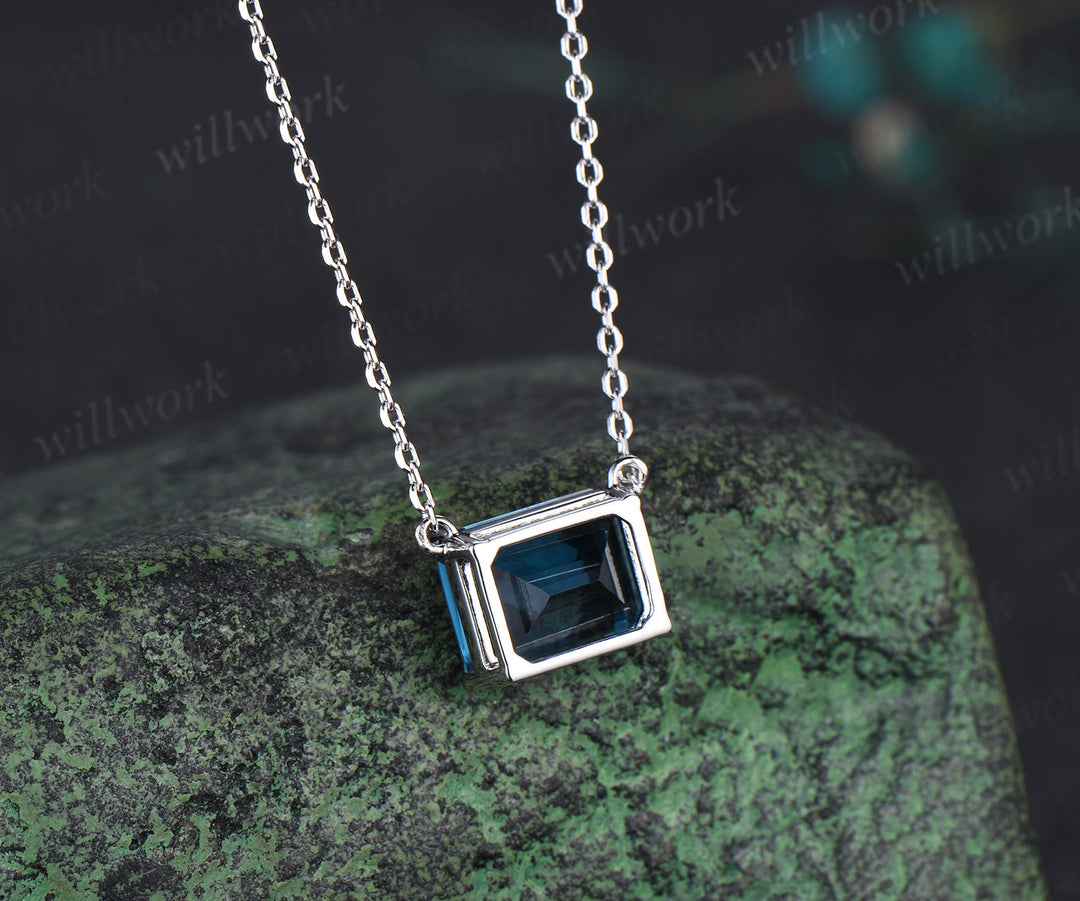 Emerald Cut London Blue Topaz Necklace 14k 18k white gold Solitaire East To West Necklace Women