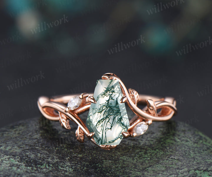 Kite/Coffin/Heart/Princess/Hexagon Cut Nature Inspired Twig Natural Green Moss Agate Engagement Ring Twisted Infinity Promise Ring Anniversary gift