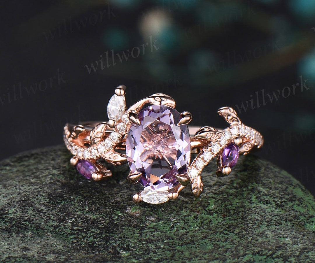 Unique Oval Cut Lavender Amethyst Engagement Ring Set February Birthstone Moon Leaf Nature Inspired Ring Art Deco 2pcs Bridal Ring Set Women