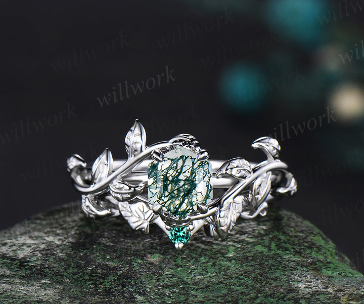 Hexagon cut green moss agate engagement ring set white gold vintage emerald leaf branch bridal set women