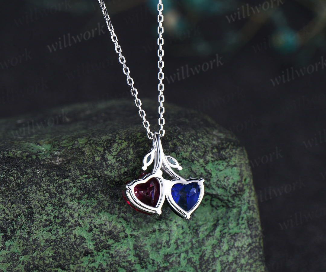 Double heart shaped sapphire ruby Necklace 14k white gold four stone Pendant Birthstone Gift