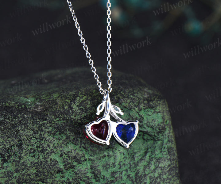 Double heart shaped sapphire ruby Necklace 14k white gold four stone Pendant Birthstone Gift