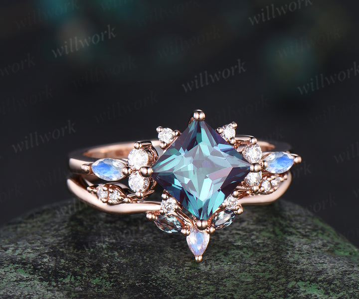 Pincess cut alexandrite engagement ring set cluster moonstone diamond rose gold ring women stacking wedding ring set