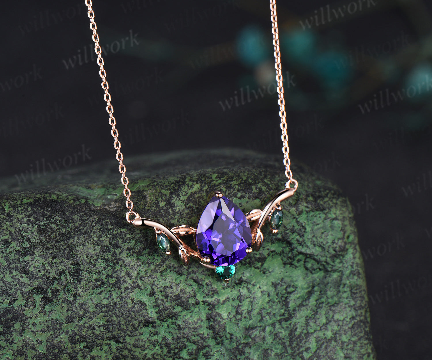 Pear shaped purple sapphire necklace solid 14k rose gold four