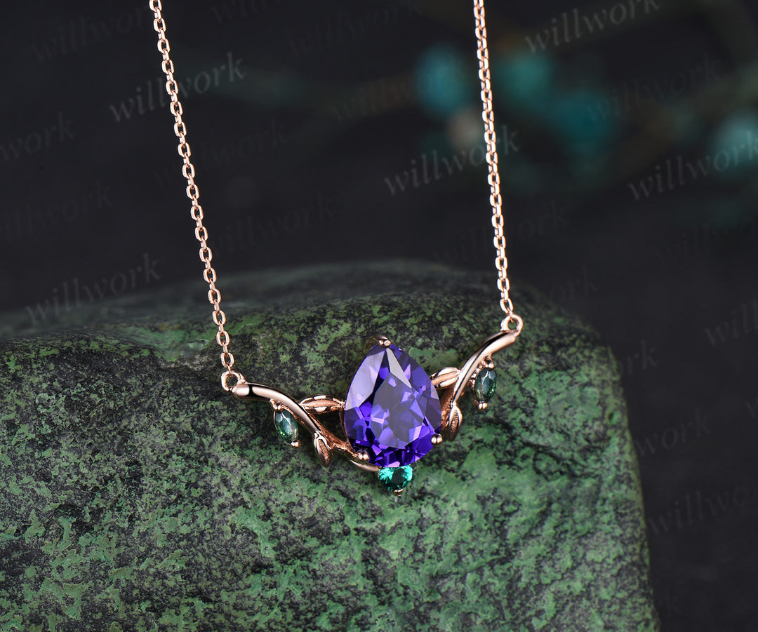 Pear shaped purple sapphire necklace solid 14k rose gold four stone moss agate emerald nature inspired leaf necklace anniversary gift women