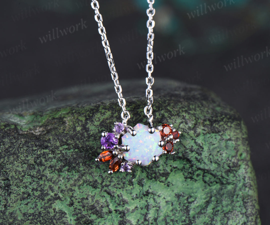 Hexagon white opal necklace white gold women vintage unique art deco cluster amethyst garnet necklace Pendant bridal anniversary gift