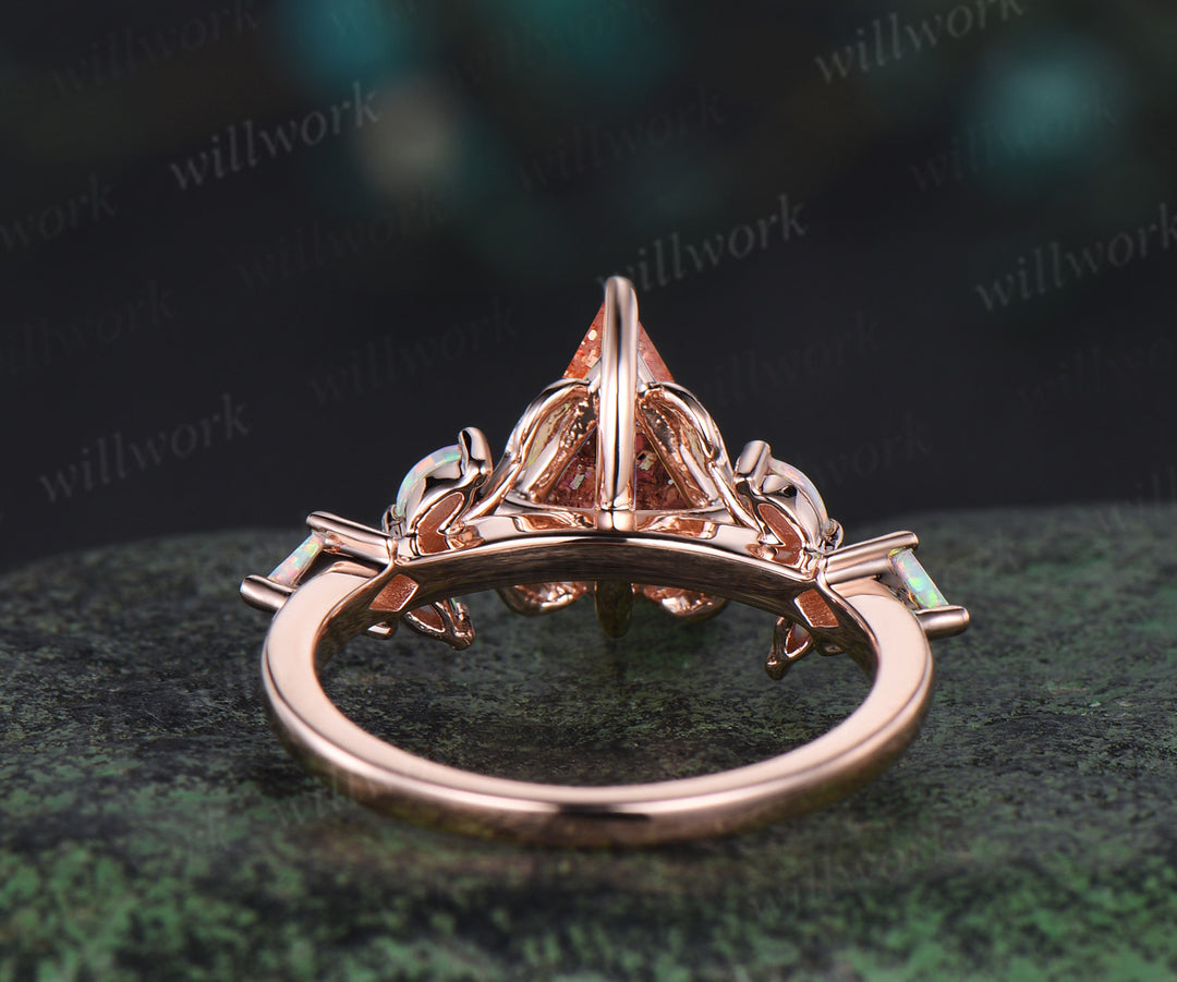 Kite cut sunsone engagement ring 14k rose gold vintage leaf kite opal ring women nature inspired anniversary gift