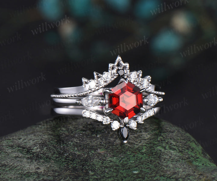 Hexagon cut red garnet engagement ring solid 14k white gold 6 prong vintage moissanite wedding bridal ring set women gemstone jewelry three stone