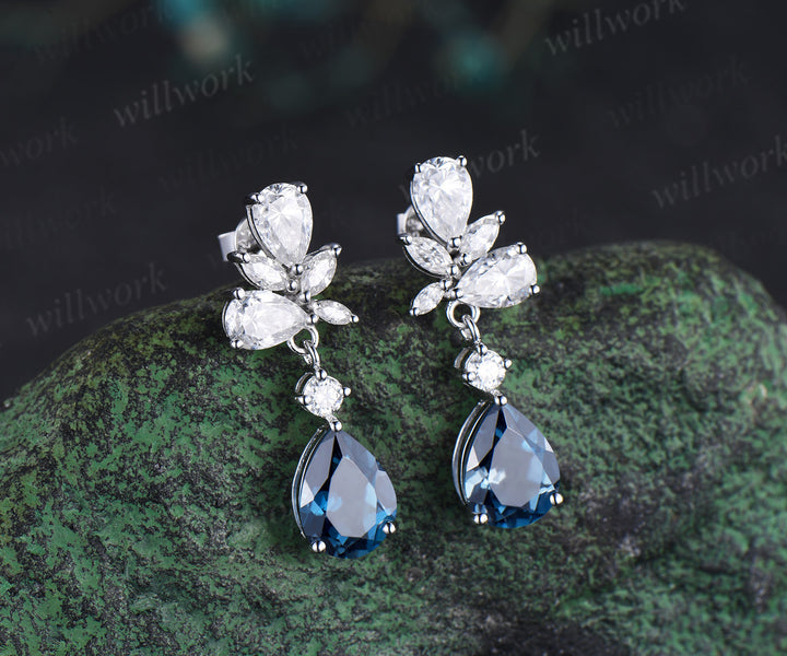 Pear cut London blue topaz earrings solid 14k white gold cluster moissanite opal drop earrings women anniversary gift for her