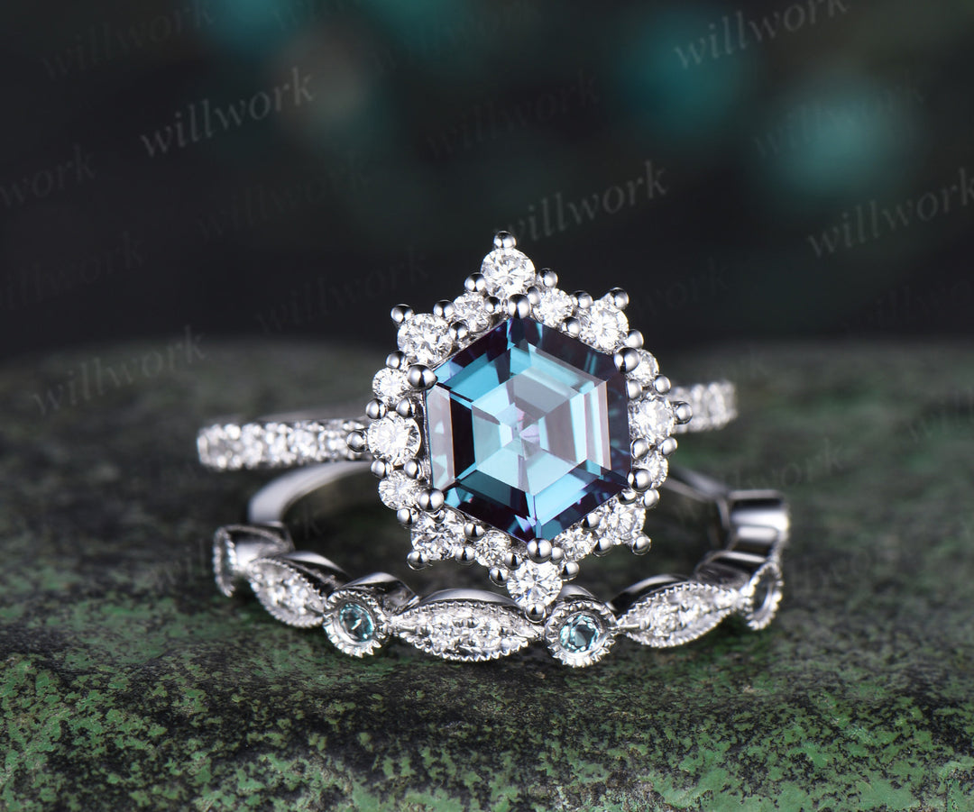 Hexagon cut Alexandrite engagement ring set vintage milgrain halo diamond ring women half eternity snowdrift moissanite bridal ring set