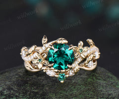 Round cut green emerald engagement ring set vintage floral diamond ring women 14k yellow gold retro branch leaf bridal ring set jewelry