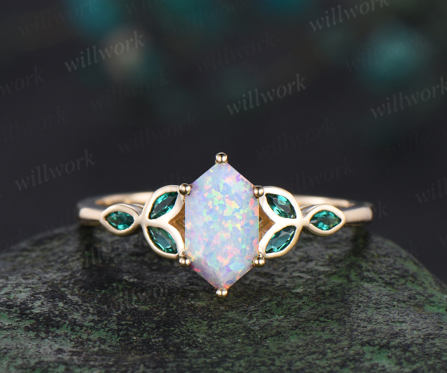 Long hexagon cut white opal ring vintage 14k yellow gold marquise