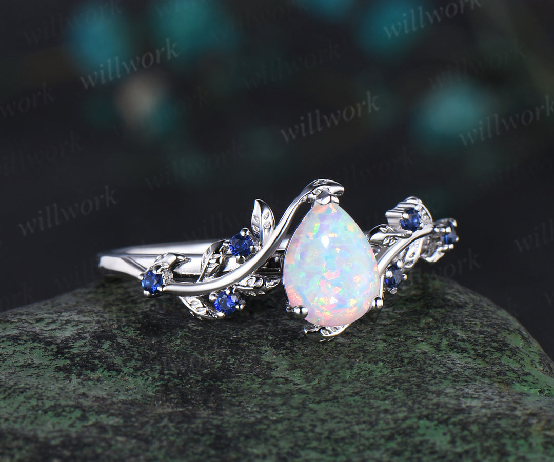 Pear shaped opal engagement ring white gold leaf branch vintage sapphire anniversary ring women