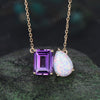 Emerald cut amethyst and pear opal necklace solid 14k rose gold unique two stone pendant women anniversary gift mother