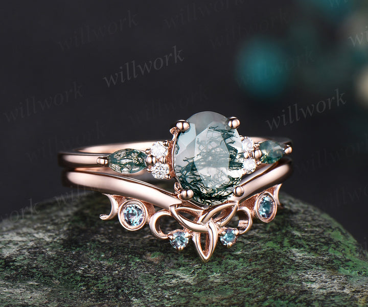 Oval cut green moss agate ring vintage moss agate engagement ring set rose gold marquise cut wedding ring cluster alexandrite ring for women