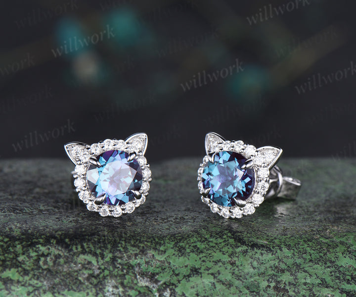 1ct Round cut Alexandrite Halo diamond Earrings white gold June Birthstone Cute Cat Stud Earrings Birthday Gifts Women